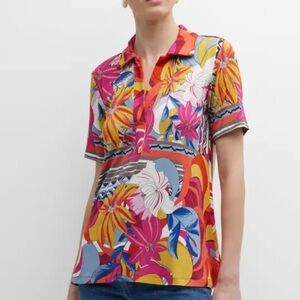 JOHNNY WAS Rachel May Swing Floral Short Sleeve Bamboo KNIT Open Collar Top!